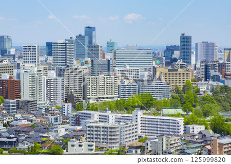 A panoramic view of Sendai city with fresh greenery from the ruins of Aoba Castle 125999820