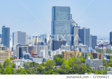 A panoramic view of Sendai city with fresh greenery from the ruins of Aoba Castle 125999821