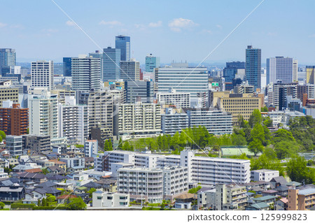 A panoramic view of Sendai city with fresh greenery from the ruins of Aoba Castle A panoramic view of Sendai city with fresh greenery from the ruins of Aoba Castle 125999823