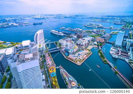 Yokohama cityscape in Japan. Four luxury cruise ships. Norwegian, Riviera, Diamond, Queen Elizabeth. 126000140