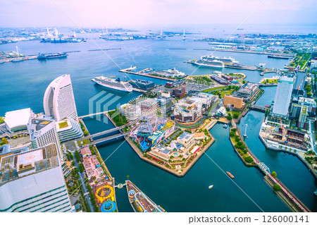 Yokohama cityscape in Japan. Four luxury cruise ships. Norwegian, Riviera, Diamond, Queen Elizabeth. Yokohama cityscape in Japan. Four luxury cruise ships. Norwegian, Riviera, Diamond, Queen Elizabeth. 126000141