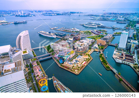 Yokohama cityscape in Japan. Four luxury cruise ships. Norwegian, Riviera, Diamond, Queen Elizabeth. 126000143