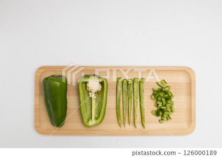 Various ways to cut peppers are displayed Various ways to cut peppers are displayed 126000189