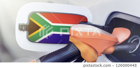 South Africa on the lid of the gas tank of a car at a gas station in close-up. High or low gasoline prices at South African gas stations. Gasoline prices are rising due to a shortage of diesel fuel 126000448