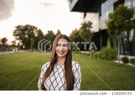 Portrait of beautiful woman with perfect white teeth smile 126000533
