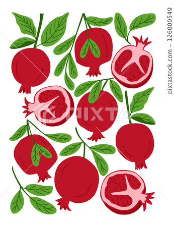 Poster with whole and halved pomegranates Poster with whole and halved pomegranates 126000549