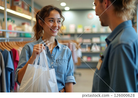 Woman Smiles While Receiving a Purchase From a Store Employee in a Modern Retail Environment 126000628