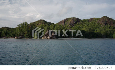 View from boat of Seychelles Curieuse island in January View from boat of Seychelles Curieuse island in January 126000692