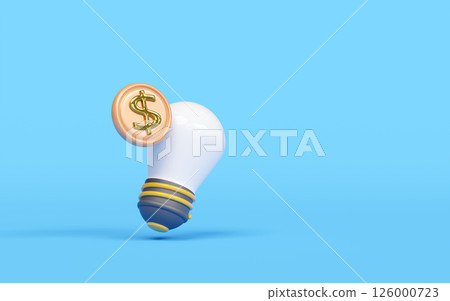 3d cartoon light bulb with coins isolated on blue background. investment, learning idea, startup concept, 3d render illustration 126000723