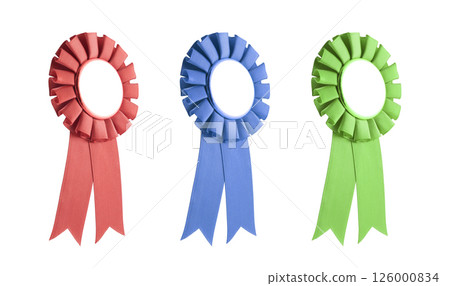 Three colorful ribbon awards isolated on white background Three colorful ribbon awards isolated on white background 126000834