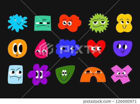 Set of Various bright Doodle shapes with face emotions in cartoon style. Different geometric figures. Hand drawn trendy Vector illustration for kids. Cute funny characters. All elements are isolated. 126000971