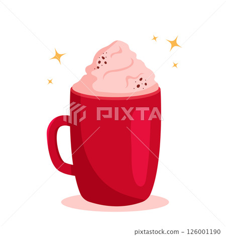 Hot chocolate or coffee with whipped cream in red cup. Cozy vector illustration in cartoon style. 126001190