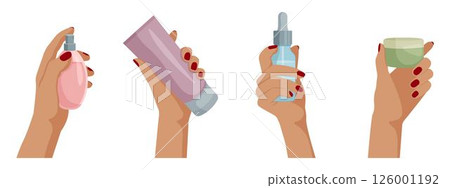 Collection of female hands holding different cosmetic product. Set of cosmetic products such as eau de parfum, moisture cream, serum, cleanser. Vector illustration in flat style. Collection of female hands holding different cosmetic product. Set of cosmetic products such as eau de parfum, moisture cream, serum, cleanser. Vector illustration in flat style. 126001192