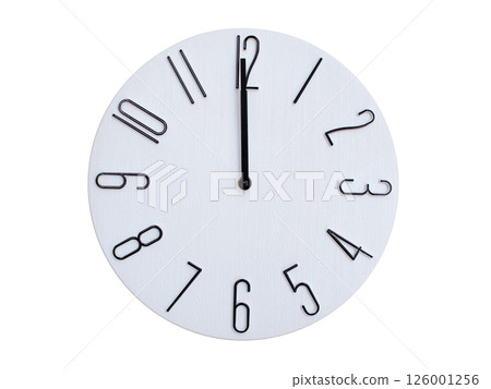 Minimalist Round Wall Clock Showing 00:00 or 12:00. Thin Black Numerals on White Wood Background. 126001256