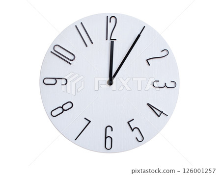 Minimalist Round Wall Clock Showing 00:05 or 12:05. Thin Black Numerals on White Wood Background. 126001257