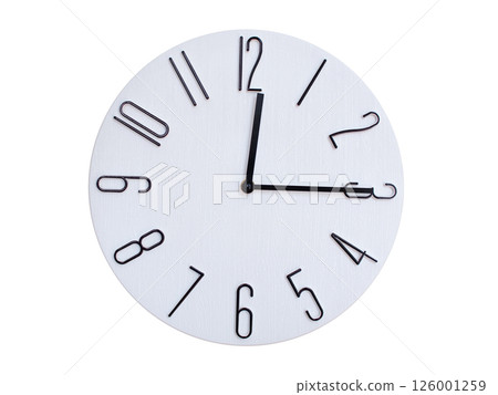Minimalist Round Wall Clock Showing 00:15 or 12:15. Thin Black Numerals on White Wood Background. 126001259