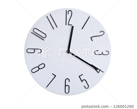 Minimalist Round Wall Clock Showing 00:20 or 12:20. Thin Black Numerals on White Wood Background. 126001260