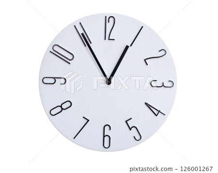 Minimalist Round Wall Clock Showing 00:55 or 12:55. Thin Black Numerals on White Wood Background. 126001267
