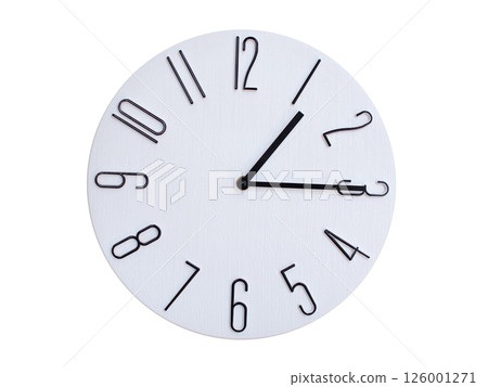 Minimalist Round Wall Clock Showing 01:15 or 13:15. Thin Black Numerals on White Wood Background. 126001271