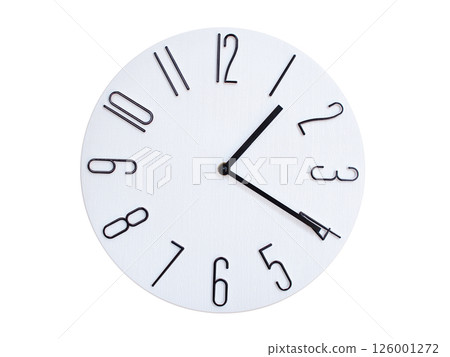 Minimalist Round Wall Clock Showing 01:20 or 13:20. Thin Black Numerals on White Wood Background. 126001272