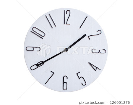 Minimalist Round Wall Clock Showing 01:40 or 13:40. Thin Black Numerals on White Wood Background. Minimalist Round Wall Clock Showing 01:40 or 13:40. Thin Black Numerals on White Wood Background. 126001276