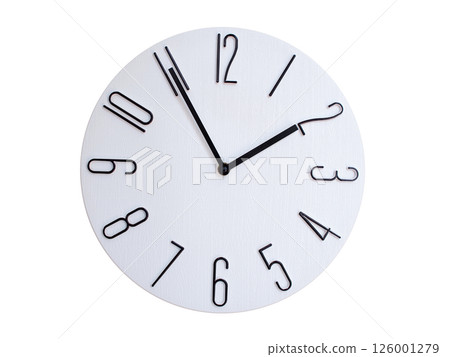 Minimalist Round Wall Clock Showing 01:55 or 13:55. Thin Black Numerals on White Wood Background. Minimalist Round Wall Clock Showing 01:55 or 13:55. Thin Black Numerals on White Wood Background. 126001279