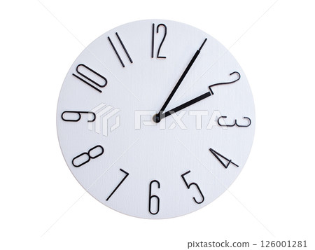Minimalist Round Wall Clock Showing 02:05 or 14:05. Thin Black Numerals on White Wood Background. Minimalist Round Wall Clock Showing 02:05 or 14:05. Thin Black Numerals on White Wood Background. 126001281