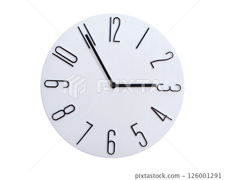 Minimalist Round Wall Clock Showing 02:55 or 14:55. Thin Black Numerals on White Wood Background. 126001291