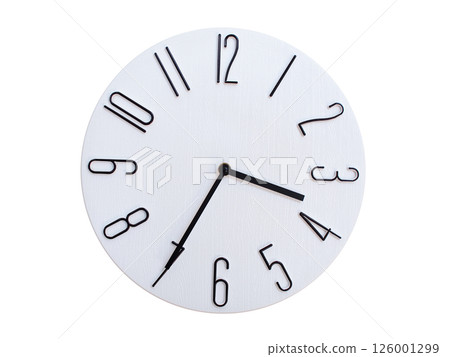 Minimalist Round Wall Clock Showing 03:35 or 15:35. Thin Black Numerals on White Wood Background. Minimalist Round Wall Clock Showing 03:35 or 15:35. Thin Black Numerals on White Wood Background. 126001299