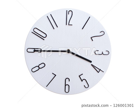 Minimalist Round Wall Clock Showing 03:45 or 15:45. Thin Black Numerals on White Wood Background. Minimalist Round Wall Clock Showing 03:45 or 15:45. Thin Black Numerals on White Wood Background. 126001301