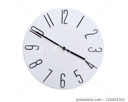Minimalist Round Wall Clock Showing 03:50 or 15:50. Thin Black Numerals on White Wood Background. 126001302