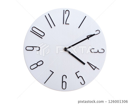 Minimalist Round Wall Clock Showing 04:10 or 16:10. Thin Black Numerals on White Wood Background. Minimalist Round Wall Clock Showing 04:10 or 16:10. Thin Black Numerals on White Wood Background. 126001306