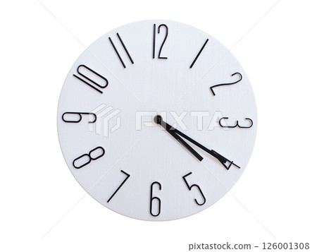 Minimalist Round Wall Clock Showing 04:20 or 16:20. Thin Black Numerals on White Wood Background. 126001308
