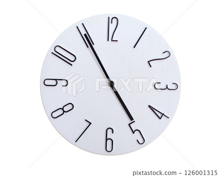 Minimalist Round Wall Clock Showing 04:55 or 16:55. Thin Black Numerals on White Wood Background. 126001315