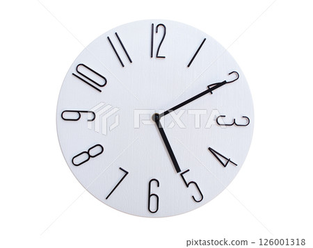 Minimalist Round Wall Clock Showing 05:10 or 17:10. Thin Black Numerals on White Wood Background. 126001318