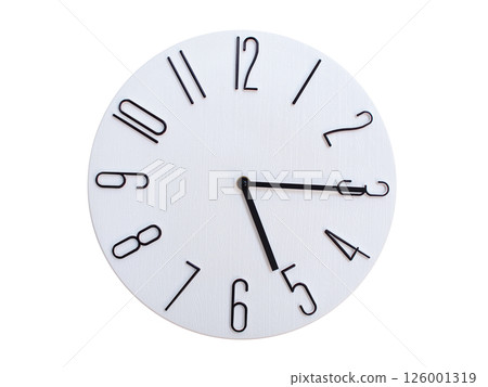 Minimalist Round Wall Clock Showing 05:15 or 17:15. Thin Black Numerals on White Wood Background. 126001319