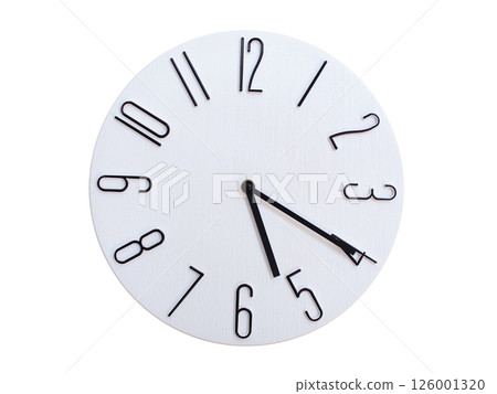Minimalist Round Wall Clock Showing 05:20 or 17:20. Thin Black Numerals on White Wood Background. Minimalist Round Wall Clock Showing 05:20 or 17:20. Thin Black Numerals on White Wood Background. 126001320