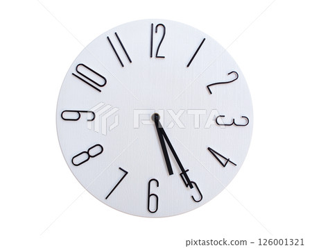 Minimalist Round Wall Clock Showing 05:25 or 17:25. Thin Black Numerals on White Wood Background. 126001321