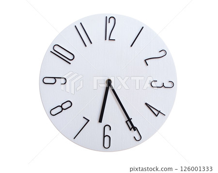 Minimalist Round Wall Clock Showing 06:25 or 18:25. Thin Black Numerals on White Wood Background. 126001333