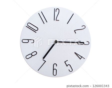 Minimalist Round Wall Clock Showing 07:15 or 19:15. Thin Black Numerals on White Wood Background. Minimalist Round Wall Clock Showing 07:15 or 19:15. Thin Black Numerals on White Wood Background. 126001343