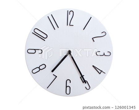 Minimalist Round Wall Clock Showing 07:25 or 19:25. Thin Black Numerals on White Wood Background. Minimalist Round Wall Clock Showing 07:25 or 19:25. Thin Black Numerals on White Wood Background. 126001345