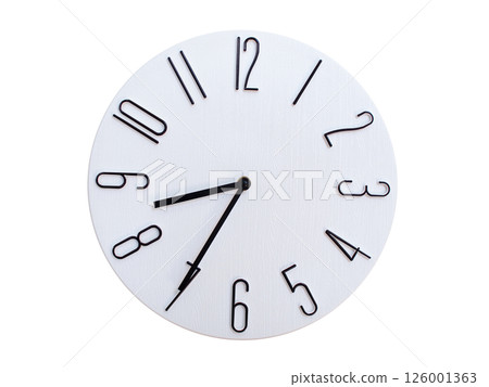 Minimalist Round Wall Clock Showing 08:35 or 20:35. Thin Black Numerals on White Wood Background. 126001363