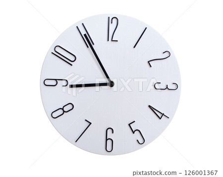 Minimalist Round Wall Clock Showing 08:55 or 20:55. Thin Black Numerals on White Wood Background. 126001367