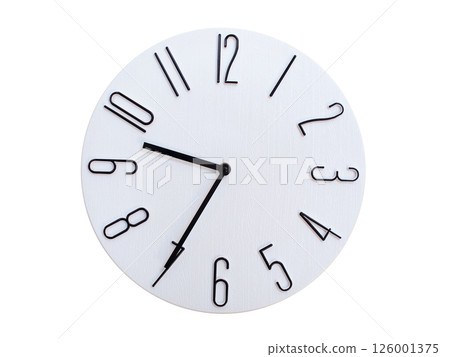 Minimalist Round Wall Clock Showing 09:35 or 21:35. Thin Black Numerals on White Wood Background. Minimalist Round Wall Clock Showing 09:35 or 21:35. Thin Black Numerals on White Wood Background. 126001375