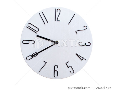 Minimalist Round Wall Clock Showing 09:40 or 21:40. Thin Black Numerals on White Wood Background. 126001376
