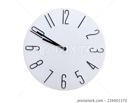 Minimalist Round Wall Clock Showing 09:50 or 21:50. Thin Black Numerals on White Wood Background. 126001378
