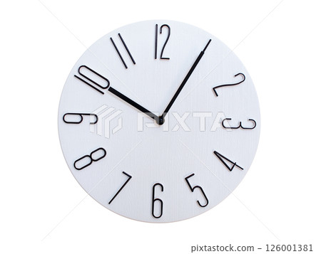 Minimalist Round Wall Clock Showing 10:05 or 22:05. Thin Black Numerals on White Wood Background. 126001381