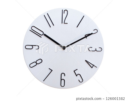 Minimalist Round Wall Clock Showing 10:10 or 22:10. Thin Black Numerals on White Wood Background. Minimalist Round Wall Clock Showing 10:10 or 22:10. Thin Black Numerals on White Wood Background. 126001382