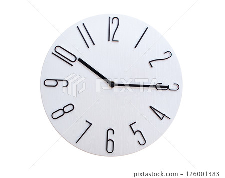 Minimalist Round Wall Clock Showing 10:15 or 22:15. Thin Black Numerals on White Wood Background. 126001383