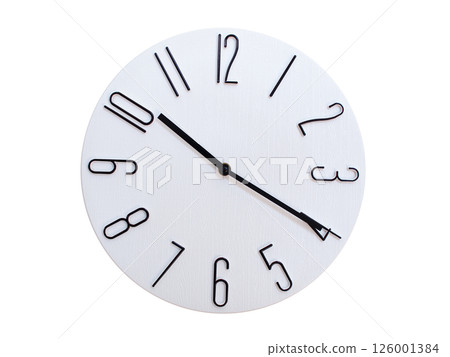 Minimalist Round Wall Clock Showing 10:20 or 22:20. Thin Black Numerals on White Wood Background. Minimalist Round Wall Clock Showing 10:20 or 22:20. Thin Black Numerals on White Wood Background. 126001384